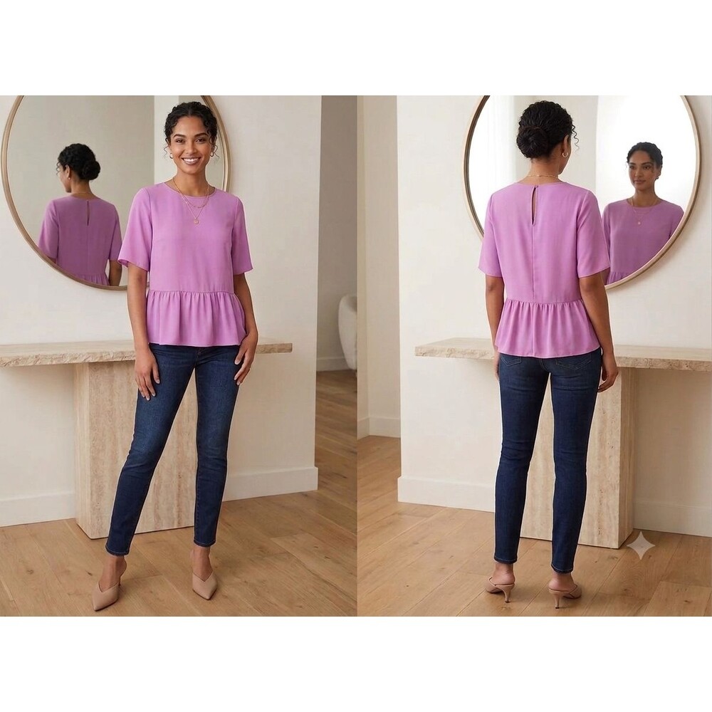 Banana Republic Women’s S Peplum Top Purple Short Sleeve Keyhole Back Blouse
